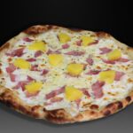 Pizza HAWAIANA, Nata fresca, mozzarella, jamón york, piña, aceitunas, curry