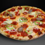 Pizza Andaluza, Tomate, mozzarella, cebolla, pimientos, salchicha de ternera, peperoni, queso de cabra