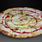 Pizza Foie, Foie a la plancha, manzana caramelizada, salsa de boletus, salsa yogurt griego, sirope de frambuesa, sal maldon