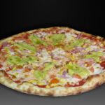 Pizza Colombiana, Mozzarella, tomate natural, maiz, guacamole, aceite de oliva virgen, bacon troceado, sal maldon
