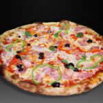 Pizza 4 ESTACIONES, Tomate, mozzarella, cebolla, pimientos, jamón york, gambas y aceitunas