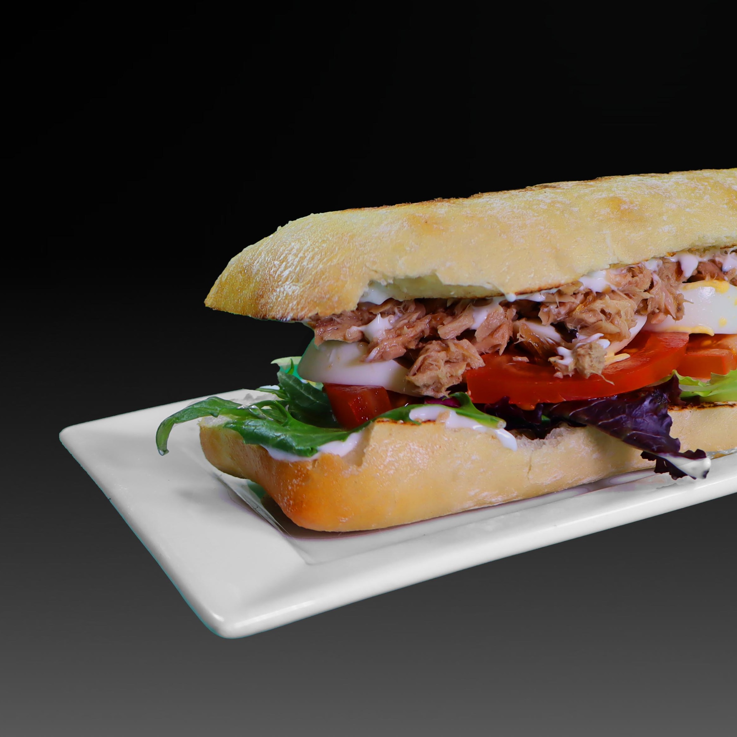 Bocadillo mixto con atún, cebolla, rúcula, tomate y huevo cocido